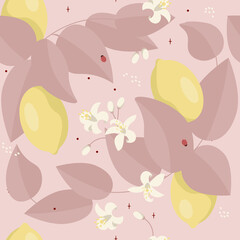 Bright colored seamless pattern with lemon fruit and blooming branch