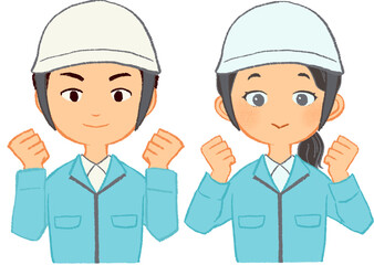 両手ガッツポーズでやる気あふれる男女作業員