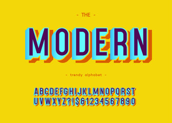 Vector modern font 3d typography colorful style. Cool trendy typeface for party poster, t shirt, promotion, kids book, greeting card, sale banner, printing on fabric, decoration. Bold alphabet. 10 eps