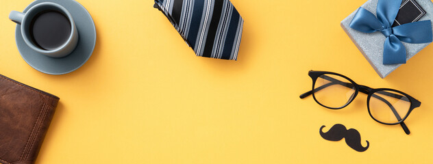 Father's day gift idea design concept with gift box on yellow background.