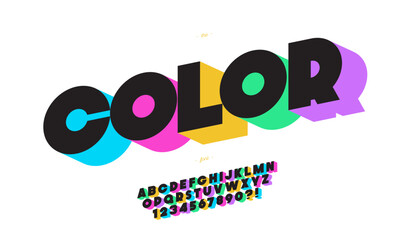 Vector color font 3d bold style for banner, infographics, motion graphic, party poster, book, music, t shirt, flyer, decoration, printing, industrial. Cool typeface. Trendy alphabet. 10 eps