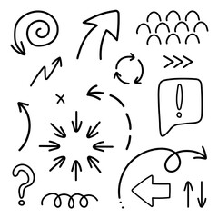 Curved and lines arrows - hand drawn. Vector set of arows on white Background. Doodle.