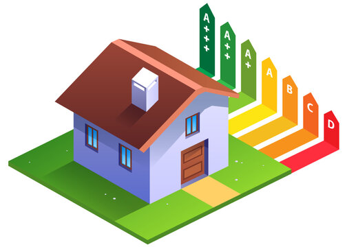 Energy Performance Certificate - Illustration of a house with EPC ratings - Power consumption of a property showing new ratings from A++ to E - Eco friendly energy, water, electricity