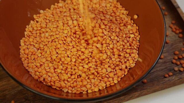 Red dry raw lentils are poured into a clay bowl close-up on a wooden tray on a white background
