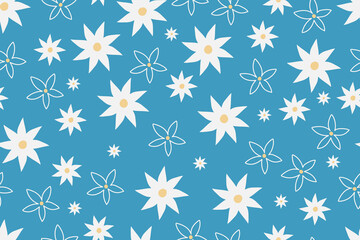 Cute blue white nature flowers doodle pattern