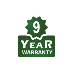 9 year warranty stamp on white background. Sign, label, sticker.