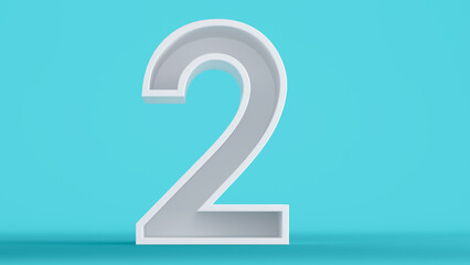 3D render of white number two isolated on a colorful blue background, number 2