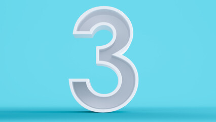 3D render of white number three isolated on a colorful blue background, number 3