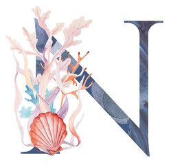 Blue capital letter N decorated with watercolor seaweeds, corals and seashells illustration.