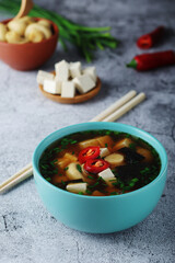 A bowl with miso soup, traditional Japanese dish