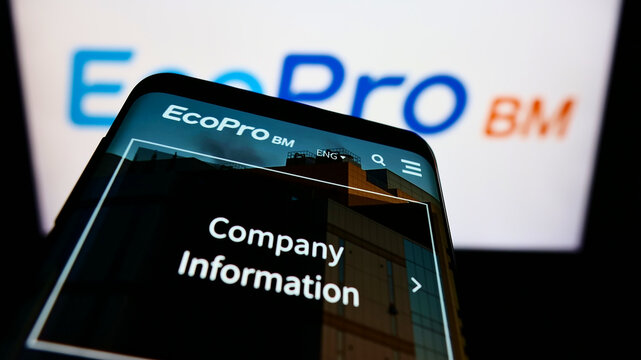 Stuttgart, Germany - 01-09-2022: Mobile phone with website of South Korean company Ecopro BM Co. Ltd. on screen in front of business logo. Focus on top-left of phone display.