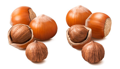 Double set of whole and broken hazelnuts isolated on white background. For vertical layouts