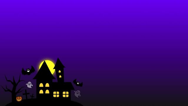 ハッピーハロウィンのアニメーション 文字なし
かぼちゃ　コウモリ　お城　お化け 
Apple ProRes 422 HQ MOV