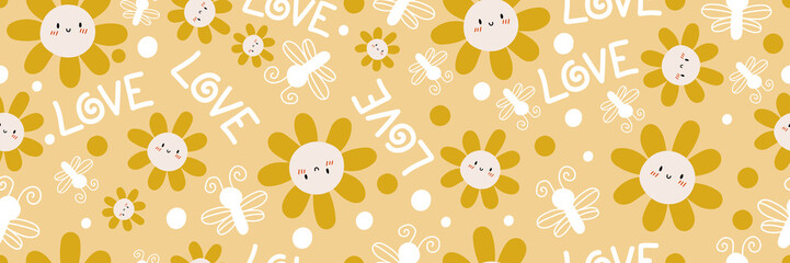 Fototapeta premium Cute sunflower love kiss doodle long pattern