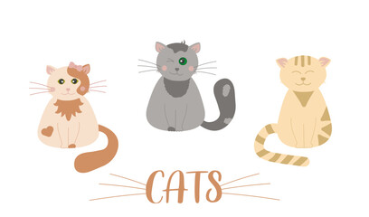 Funny cute little cartoon kittens. grey, ginger, peach with a bow. Smiling, winking, eyes closed. Cat lettering with a moustache, vector. Postcard, cover, poster, background.