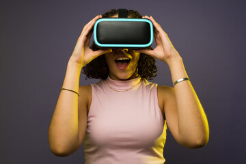 Cheerful woman watching a virtual simulation with a headset