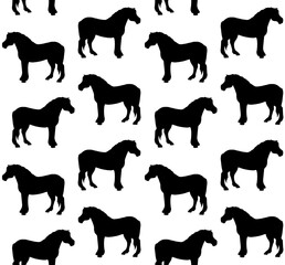 Vector seamless pattern of hand drawn draft horse silhouette isolated on white background
