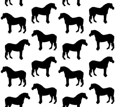 Vector Seamless Pattern Of Hand Drawn Draft Horse Silhouette Isolated On White Background
