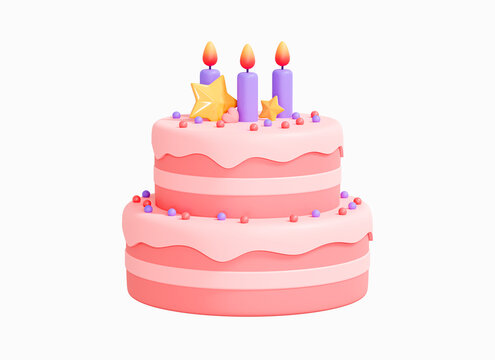 3D Birthday cake with candles and decorations. Pink cake emoji. Party surprise. Two tier wedding cake. Pastel color. Cartoon creative design icon isolated on white background. 3D Rendering