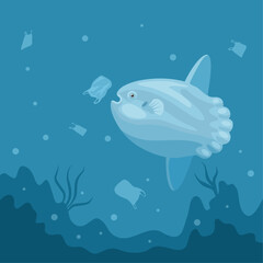 Vector illustration, sunfish trying to eat a plastic bag mistaken for a jellyfish, as a banner or poster, international plastic bag free day. - obrazy, fototapety, plakaty