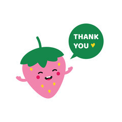 Cute smiling cartoon style pink strawberry character with speech bubble saying thank you, showing appreciation.
