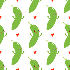 Cute edamame, green soy beans cartoon characters with red hearts vector seamless pattern background for healthy food, snack design.