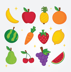 Fruits collection, banana, apple, pine apple, orange, watermelon, carrot, strawberry, lemon