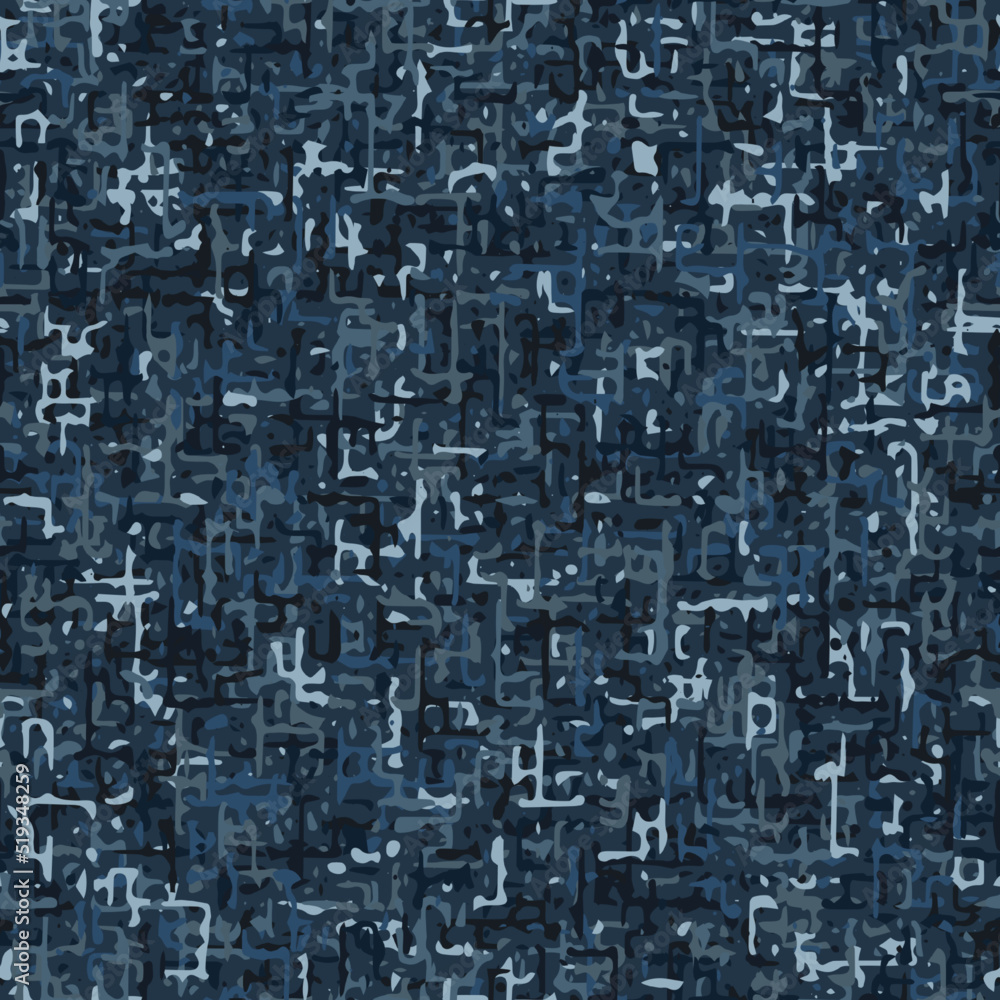 Poster seamless blue camouflage pattern with small abstract shapes. dense random composition. good for appa