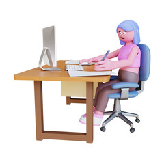 3d render character working on desktop work from home