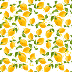 Summer seamless pattern with lemons. Sweet tropical background for textile, fabric, decorative paper.