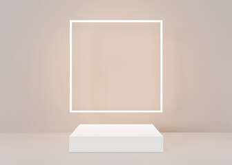 Square white podium for product, cosmetic presentation. Pastel colors. Mock up. Pedestal or platform for beauty products. Empty scene. 3D rendering.