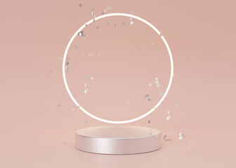 Podium with light ring and falling confetti on pink background. Elegant podium for product, cosmetic presentation. Luxury mockup. Pedestal or platform for beauty products. Empty scene. 3D rendering.