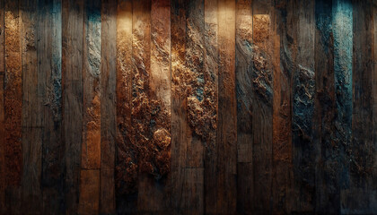 Fototapeta premium Background of old wood with epoxy resin in blue. wooden table top with blue epoxy, old boards, wood patterns, old dark wood background. 3D illustration.