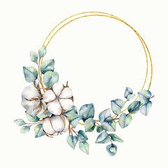 Watercolor floral wreath with cotton flower and eucalyptus leaves, Watercolor hand painted cotton flower wreath