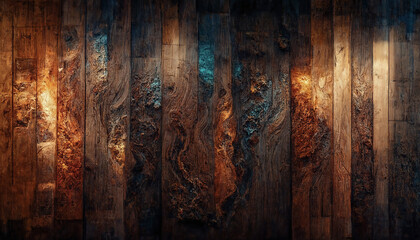 Hintergrund aus altem Holz mit Epoxidharz in Blau. Holztischplatte mit blauem Epoxidharz, alten Brettern, Holzmustern, altem dunklem Holzhintergrund. 3D-Darstellung.