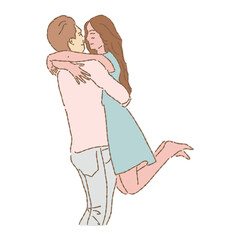 Happy couple cartoon character smiling, hugging, carrying. Hand drawn flat vector illustration cartoon character isolated on white background.