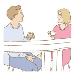Young happy couple cartoon character looking at each other, sitting, dating at table with drinks at cafe. Hand drawn flat vector illustration cartoon character isolated on white background.