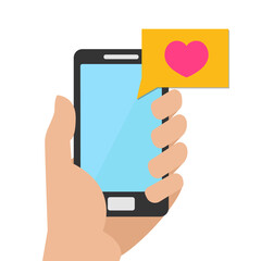 Like mobile concept. Hand holding a phone to which it was a letter with like. Vector Illustration