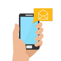 Mail mobile concept. Hand holding a phone to which it was a letter. Vector Illustration