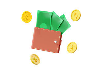 Cashback 3d render icon, cash with wallet, money back transfer concept and finance deposit illustration. Business profit