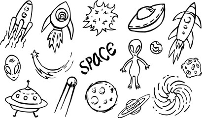 Vector hand-drawn doodles, a set of space objects and symbols, cartoon, contour drawing