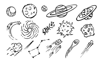 Vector hand-drawn doodles, a set of space objects and symbols, cartoon, contour drawing