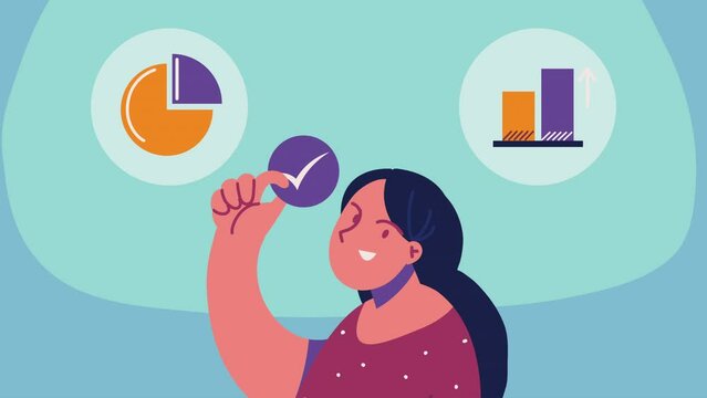 young woman with statistics animation