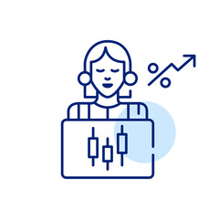 Young woman trading and investing on stock market on her laptop. Pixel perfect, editable stroke line art icon