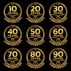 Anniversary golden logo or icon set. 10,20,30,40,50,60,70,80,90 years round stamp collection. Birthday celebrating, jubilee circle badge or label templates. Vector illustration.