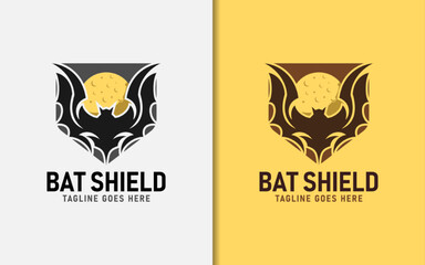 Bat Shield Logo Design. Stylish Bat Silhouette Combined with Moon Shape and Badge Shield Concept.