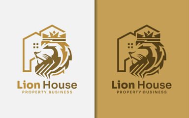 Lion House Logo Design. Abstract Minimalist House Combined with Creative Lion Head Wearing a Crown Concept.