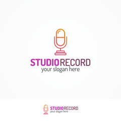 Studio record logo set with microphone flat modern color style isolated on white background for use music store, record studio, sound technology etc. Vector Illustration