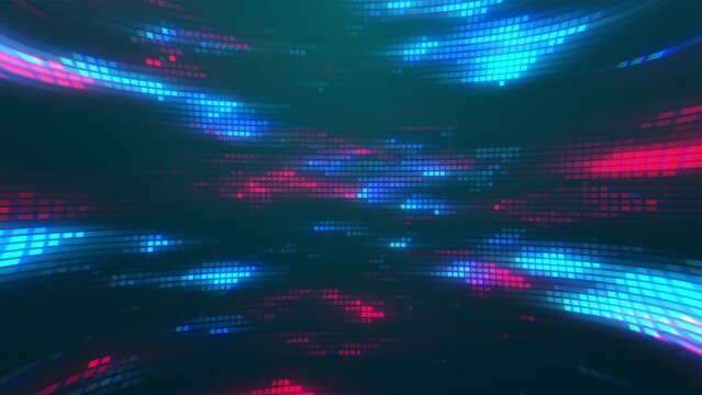 Pixellated noisy background with green square pixel particles that fly by