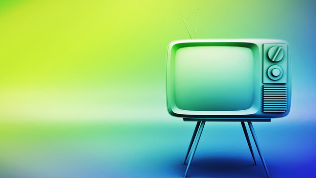 Television set concept. A vintage CRT TV set in a modern colorful background , with copy space for text. 3D rendering broadcast template